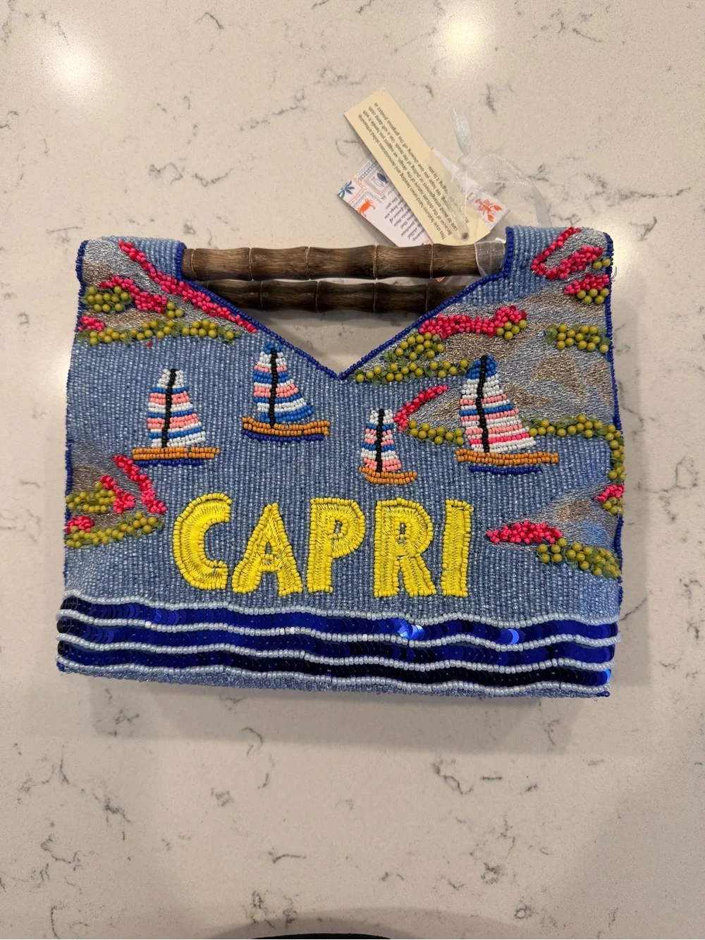 Viral Capri Beaded Sailboat Tote with Bamboo Handle